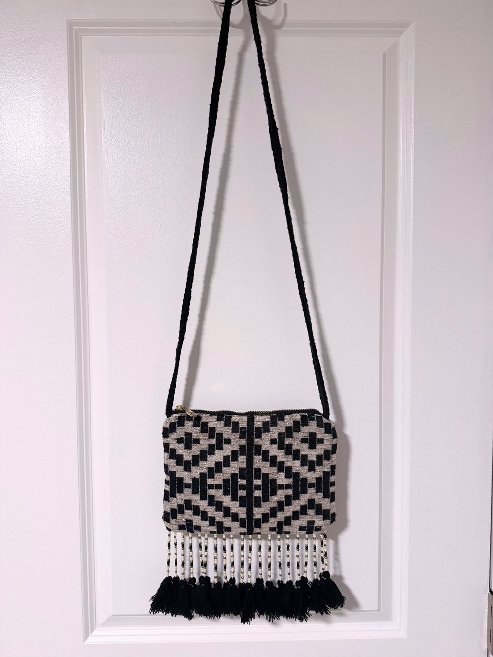 Black Crossbody Bag w/Beaded Tassels & Gold Zipper